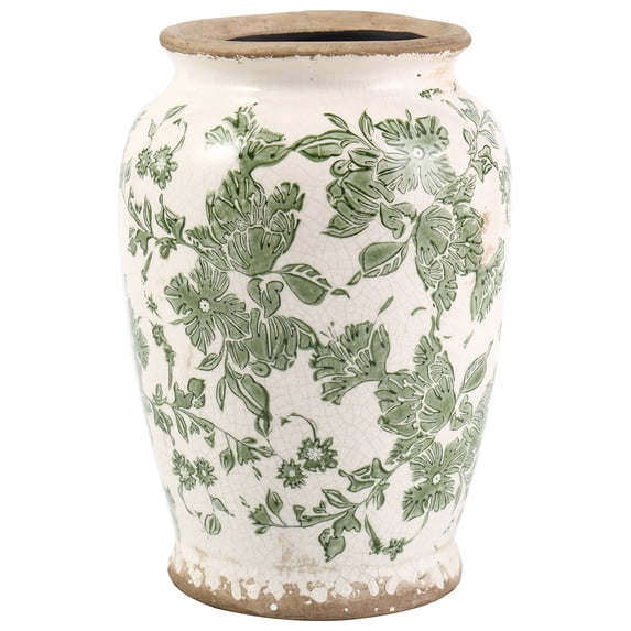 Vintage Ceramic Vase – Green Floral Chinoiserie Design, Rustic Large Vase for Flowers, Tuscan & Farmhouse Decor, 7.8 Inch Handcrafted Vase for Living Room, Office, or Shelf