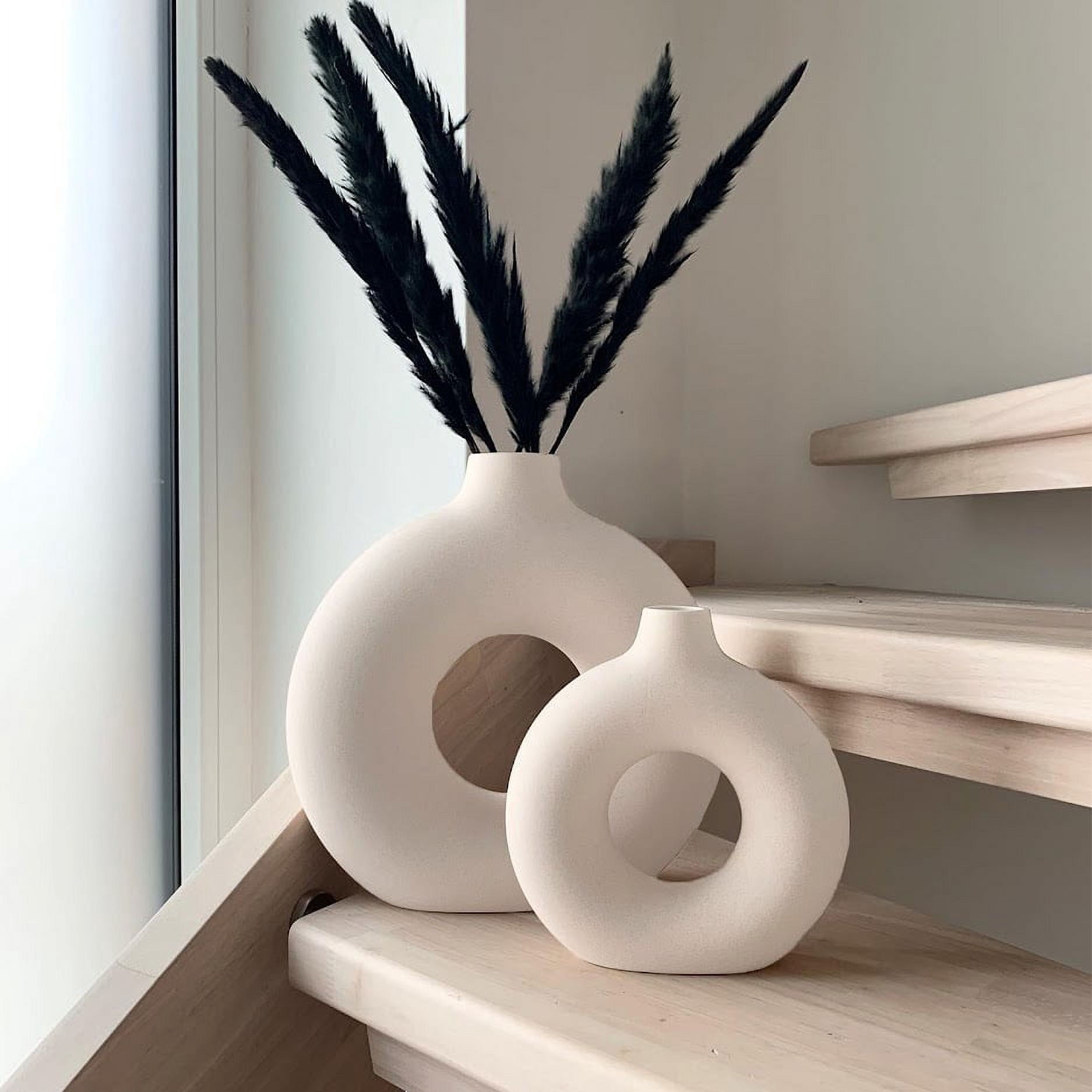 Ceramic Vases for Home Decor, Set of 2 Donut Vases, Modern Vase, White Vases, Farmhouse Vase, Decorative Vase, Round Boho Vase for Bookshelf, Mantel,
