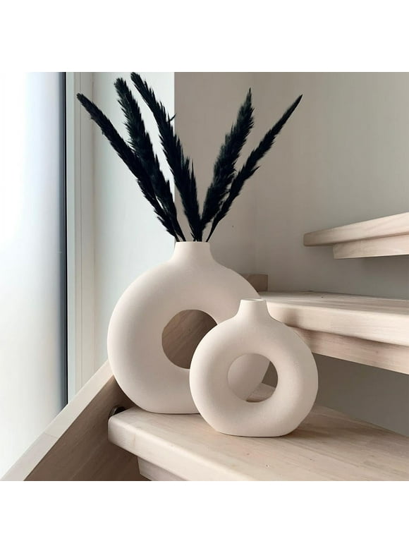 Ceramic Vases for Home Decor, Set of 2 Dount Vases, Modern Vase, White Vases, Farmhouse Vase, Decorative Vase, Round Boho Vase for Bookshelf, Mantel, Table, Fireplace Decor