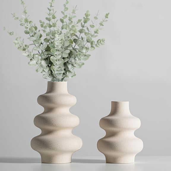 Modern Off-White Ceramic Vases Set of 2 for Dried Flowers, Boho Centerpieces, Living Room Office Bedroom Decor, Wedding Dinner Table Arrangement