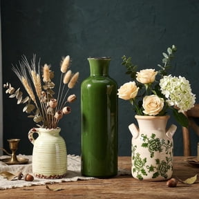 Ceramic Vases Set of 3,Green & Beige Farmhouse Vintage Rustic Vase | Boho Decorative Vases with Handles for Home Decor,Table Centerpiece,Living Room,Mantel,Kitchen,Shelf