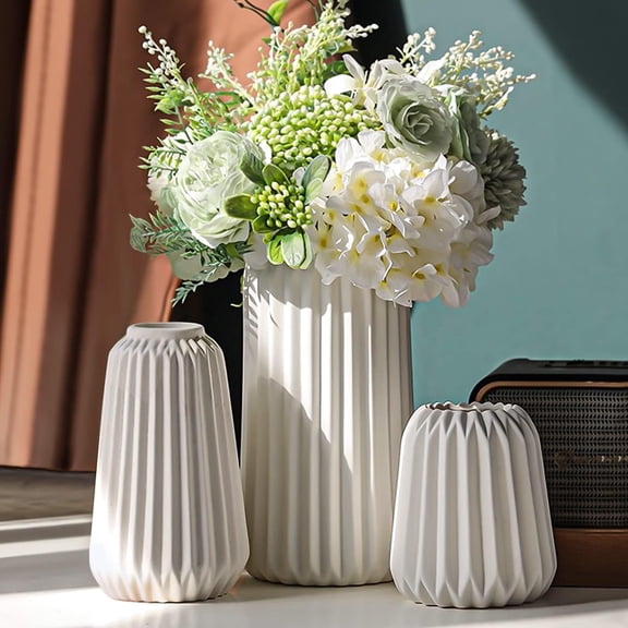 Ceramic Vases Set of 3, Modern Neutral Vase Rustic Farmhouse Vases Home Decor Ribbed Vases Decoration