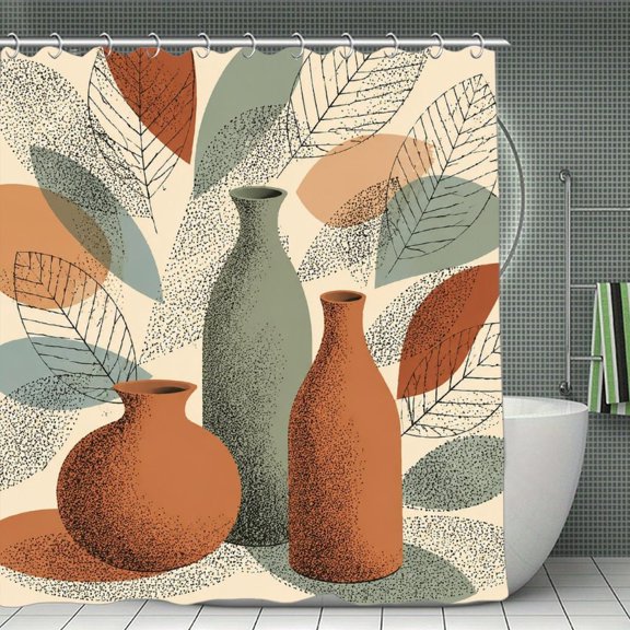 Ceramic Vases With Dotted Foliage Print Shower Curtain,Cloth Fabric Waterproof Polyester Bathroom Home Decor Set with Hooks 70.8×70.8Inch