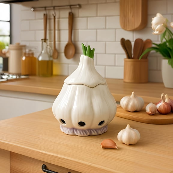 Ceramic Ventilated Garlic Keeper Jar - Countertop Pantry Storage for Garlic Onions Peppers Ginger