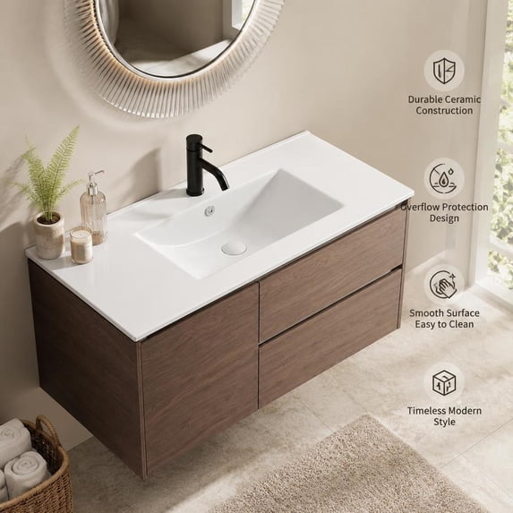 Top Overflow System Ceramic Vessel Sink, 36 Inch Bathroom Vanity Sink Top, Glossy White ...