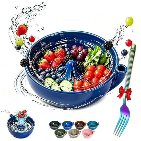 Ceramic Vortex Berry Bowl - Swirling Berry Washing Bowl Spinning Cleaner with Drain Holes, 360° Handcrafted Stoneware Fruit Strainer & Colander for Quick Rinsing Strawberries, Blueberries, Kitchen Co