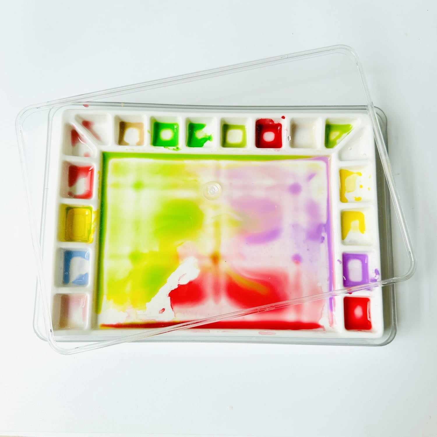 Ceramic Watercolor 18well Rectangle Artist Professional Paint for Acrylic,Gouache Painting Ceramic Mixing Tray (Porcelain) (7.8x5.7in(with Box))