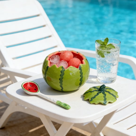 Ceramic Watermelon Bowl, Salad Dessert Bowl, 5 Inch Fruit Serving Dish with Lid, Cute Summer Ceramic Tableware Set for Yogurt, Nuts, Snacks