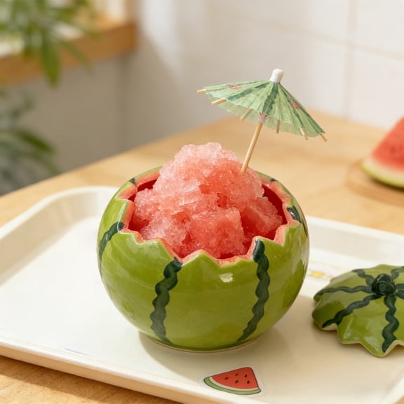 Ceramic Watermelon Bowl, Salad Dessert Bowl, 5 Inch Fruit Serving Dish with Lid, Cute Summer Ceramic Tableware Set for Yogurt, Nuts, Snacks