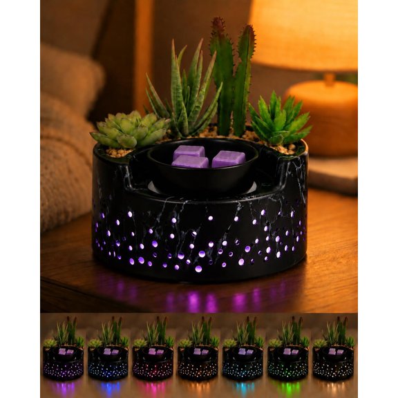 Ceramic Wax Melt Candle Warmer 4-in-1, Flameless PTC Heating with 7-Color LED Night Light, Electric Essential Oil Diffuser, Zen Design Marble Succulent Pot, for Yoga Room Home Office Decor