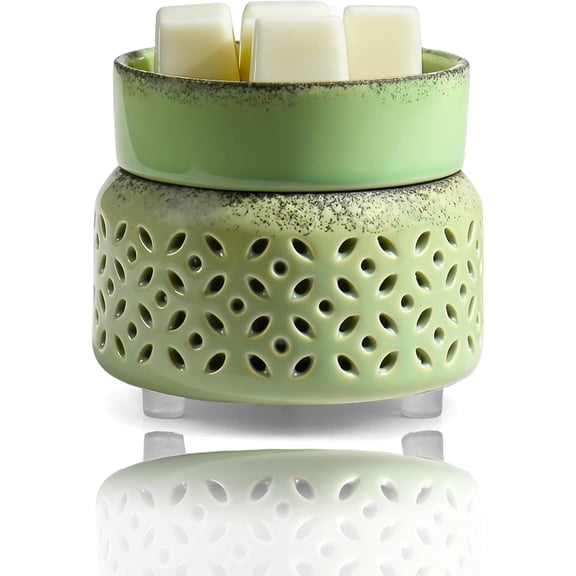 Ceramic Wax Warmer with Warming Plate & Essential Oil Tray - Adjustable Dimmer Flameless Candle Warmer, Rustic Green Eco-Friendly Aroma Heater for Home Bedroom Office Decor & Gift