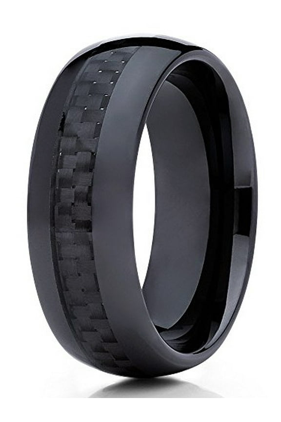 Ceramic Wedding Band Black Carbon Fiber Insert 8mm Black Ceramic Ring Dome Men Women Comfort Fit