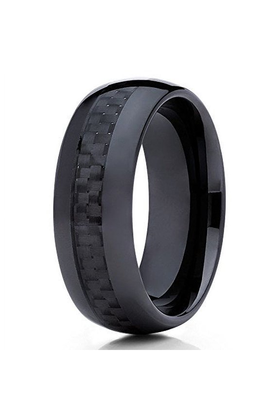 Ceramic Wedding Band Black Carbon Fiber Insert 8mm Black Ceramic Ring Dome Men Women Comfort Fit
