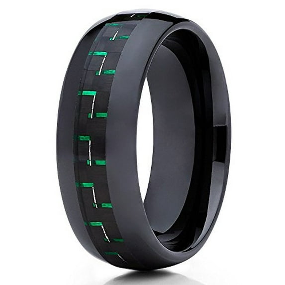 Ceramic Wedding Band Green Carbon Fiber Inlay 8mm Ceramic Ring Black Ceramic Band Comfort Fit