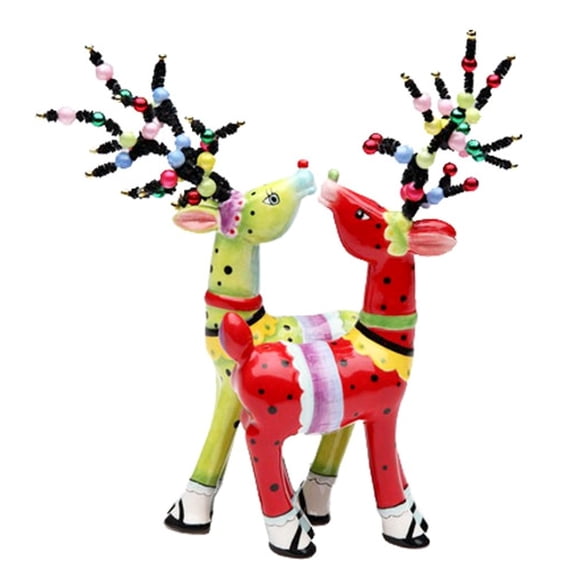 Ceramic Whimsical Christmas Reindeer Magnetic Salt and Pepper Shakers 3.1" Tall