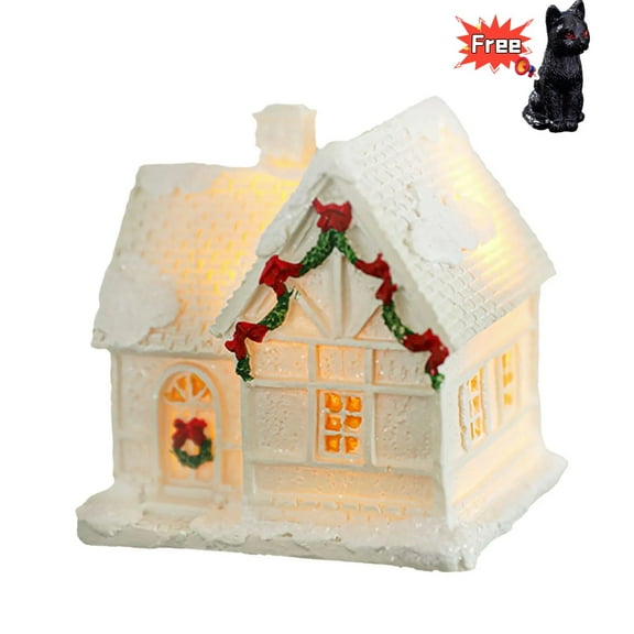 Ceramic White Christmas Village Houses,Light Up Small Porcelain Village House with 6Pcs Christmas Trees, LED Lighted Tabletop House Figurines for Home Decor, Winter Holiday DIY, Gift