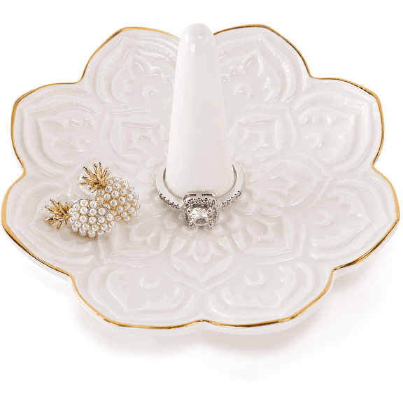 Ceramic White Mandala Ring Holder,Decorative Jewelry Dish Tray, Engagement Wedding Birthday Valentines's Day Gifts for Women