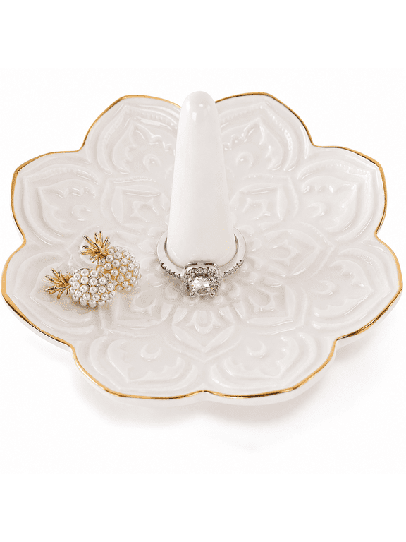 Ceramic White Mandala Ring Holder,Decorative Jewelry Dish Tray, Engagement Wedding Birthday Valentines's Day Gifts for Women