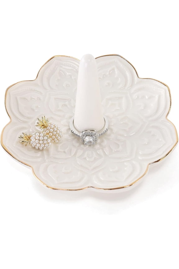 Ceramic White Mandala Jewelry Holder Decorative Ring Holder/Trinket Tray Engagement Wedding Birthday Gifts for Women Her