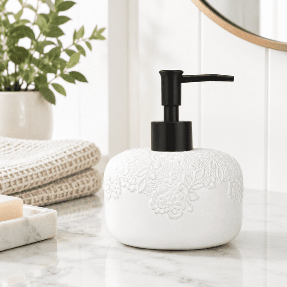 Ceramic White Soap Dispenser With Embossed Design Look Liquid Rust-proof Plastic Pump 13.5oz For Bathroom Kitchen