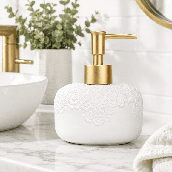 Ceramic White Soap Dispenser With Embossed Design Look Liquid Rust-proof Plastic Pump 13.5oz For Bathroom Kitchen