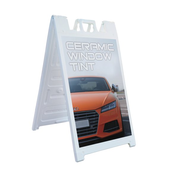 Ceramic Window Tint 24" x 36" Double Sided A-Frame Sidewalk Sign Includes 2 Installed Decals Foldable Portable White Signicade Auto Sun Protection Professional Installations Durable