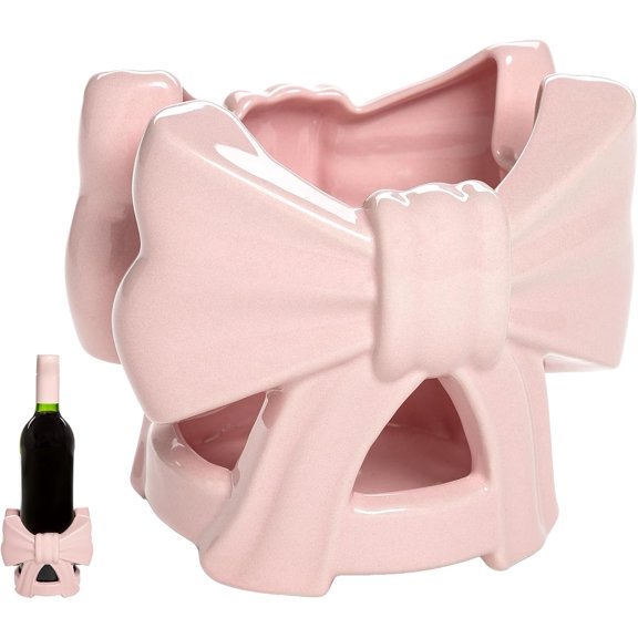 Ceramic Wine Bottle Holder, Bow Design, Dishwasher Safe and Fits Most Standard 750mL Bottles, One Size, Pink