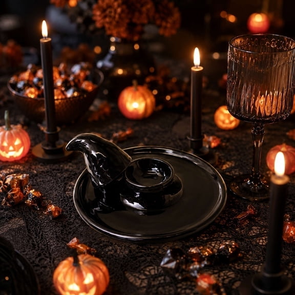 Ceramic Witch Decorative Tray, Halloween Tabletop Platter for Serving Candy or Organizing Jewelry, Spooky Gothic Home Decor Accent for Kitchen or Living Room