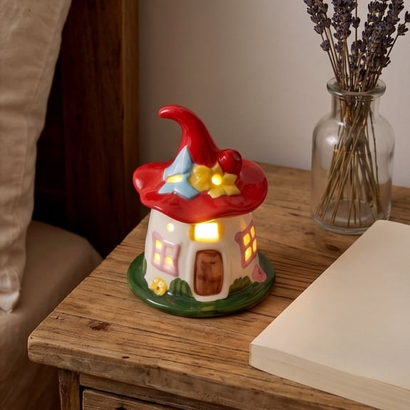 Ceramic Witch House Nightlight, Halloween Table Lamp Battery Operated, Spooky Gothic Cottage Ornament for Bedroom and Desk Decor, Whimsical Flameless Candle Alternative with Warm Glow