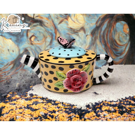Ceramic Yellow Dotted Striped Teapot 6 7/8" Hand Painted Gift