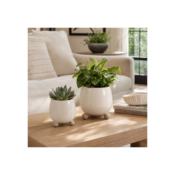 Modern Round Flower Pots for Home Decor - Stoneware Planters with Raised Feet for Indoor and Outdoor Plants - Decorative Ceramic Plant Pots for Living Room or Entryway - Set of 2, 8", 6", Ivory & Tan