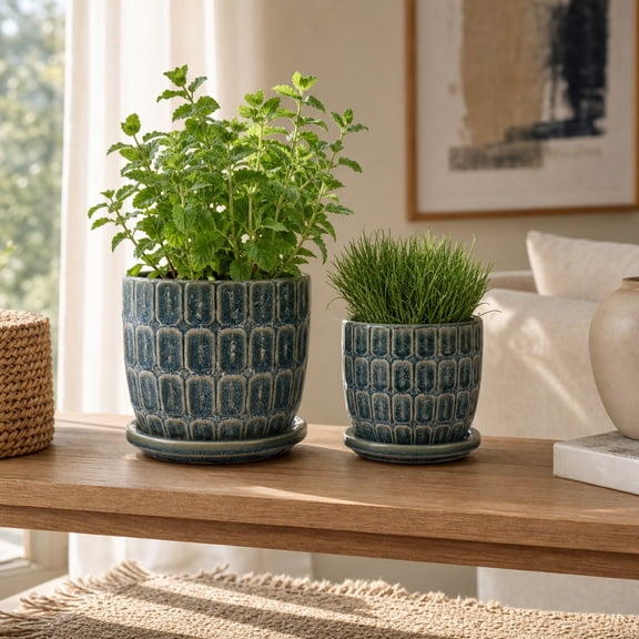 Squoval Design Planters with Saucer for Home Decor - Ceramic Flower Pot Accent for Living Room, Tabletops, and Backyards - Indoor and Outdoor Pots for Plants - Set of 2, 7", 6", Blue