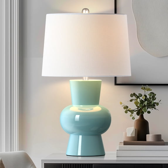 25.6" Blue Ceramic Table Lamp, Large Bedside Living Room Lamp, 1 Pack Vase Bedside Lamp with White Linen Lampshade, Modern Bedroom Lamp