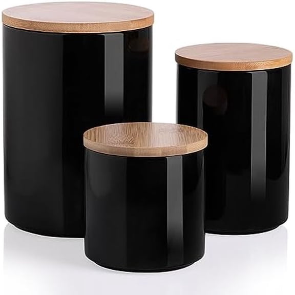 Ceramic canisters for kitchen counter,Stackable Food Containers Set with Airtight Seal Bamboo Lid for Serving Ground Coffee, Tea, Spice, Flour and Sugar-Set of 3 (Black)