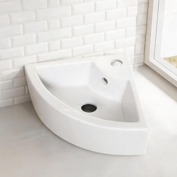 Ceramic crisp white wall mounted corner sink, 17-inch space-saving design for small bathrooms and powder rooms