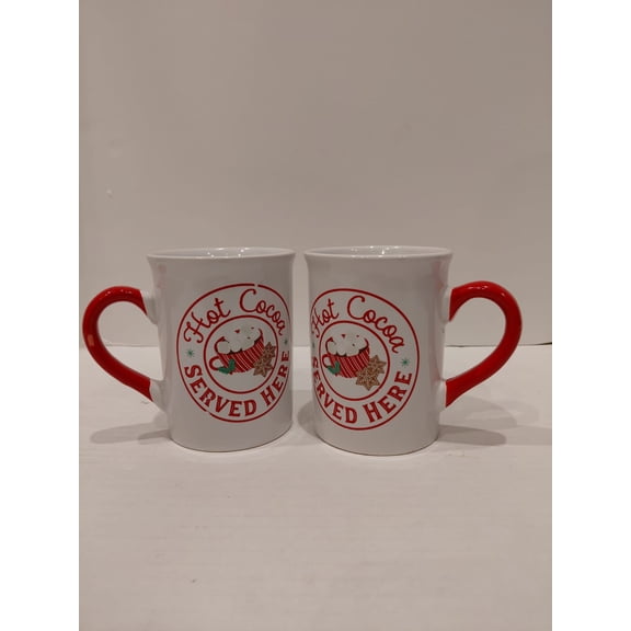 Ceramic holiday mugs with Hot Cocoa Served Here design and red handles- 2 Pack