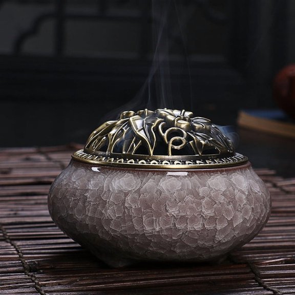 Ceramic ice crack plate incense burner, home decoration copper cover antique alloy incense plate aroma diffuser incense burner