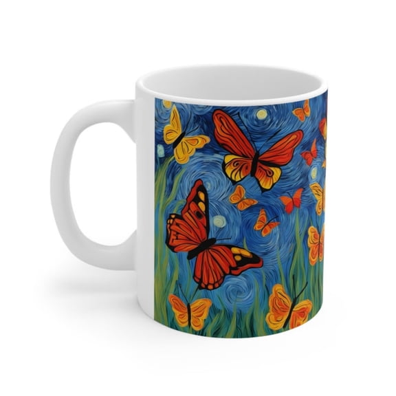 Ceramic mug oz BUTTERFLY VAN GOGH tea cup on tankard seidel beaker stein pot dirt mud java brew cuppa go juice jitter juice worm dirt.