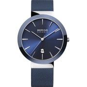 BERING Ceramic 40mm Polished Silver Case Blue Mesh Band Womens Watch 11440-387
