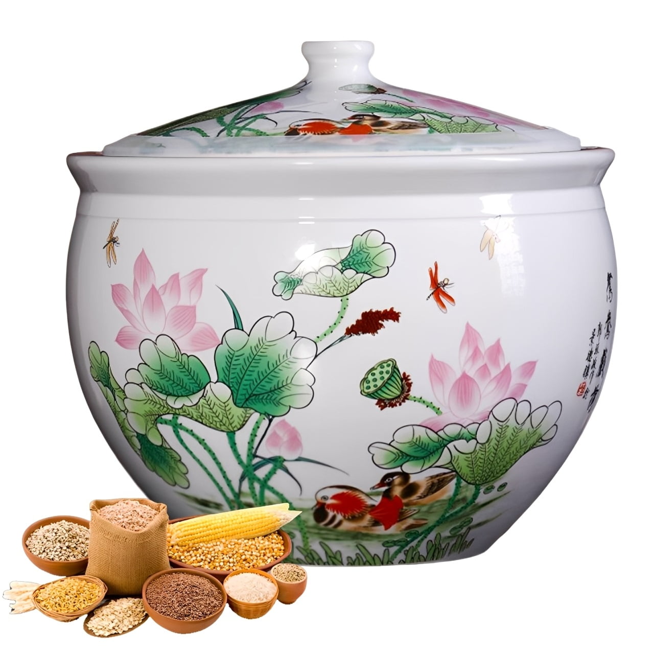 Ceramic rice dispenser, Chinese Large Storage Box Container with Lid ...