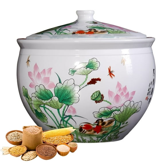 Ceramic rice dispenser, Chinese Large Storage Box Container with Lid,Sealed Food Storage Bin,Kitchen Rice Jar for Rice Flour Soybean Grain
