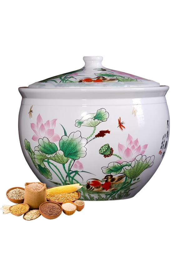 Ceramic rice dispenser, Chinese Large Storage Box Container with Lid,Sealed Food Storage Bin,Kitchen Rice Jar for Rice Flour Soybean Grain