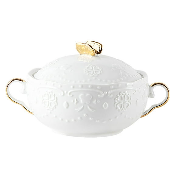 Ceramic soup tureen with lid, soup ladle, soup bowls with handles, soup bowl European style dessert bowl with floral design for restaurant, home, kitchen
