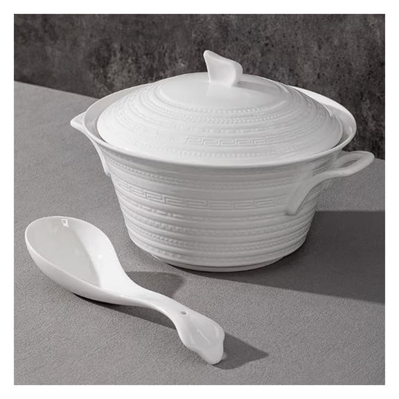 Ceramic soup tureen with lid, 2.2L large porcelain serving tureen soup with double handles, for restaurant home kitchen decoration