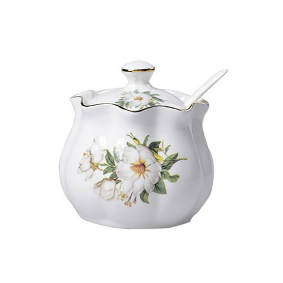 Ceramic spice jar in vintage style, sugar bowl, storage jar with floral pattern and lid and spoon, candy jar for food, salt, sauce, vinegar, pepper, spices, cereal