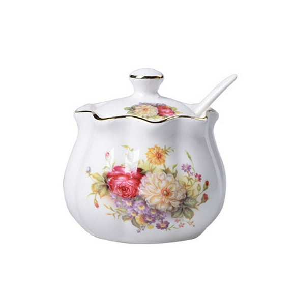Ceramic spice jar in vintage style, sugar bowl, storage jar with floral pattern and lid and spoon, candy jar for food, salt, sauce, vinegar, pepper, spices, cereal