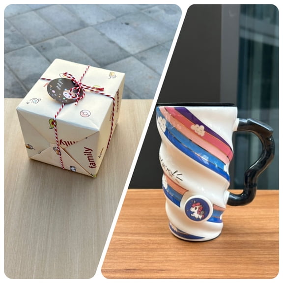 Ceramic water cup with spoon, lid, 520ml capacity, cute unicorn pattern