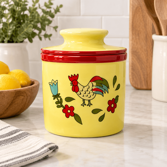 Ceramicer Crock With Lid - Yellow Rooster
