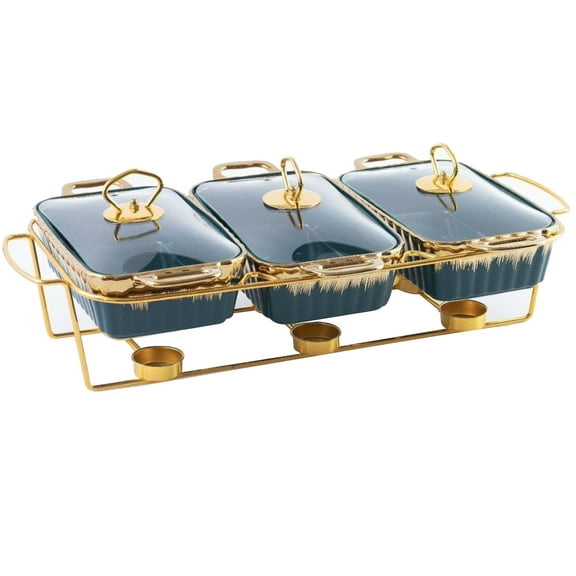 Ceramics Chafing Dish Buffet Set,Warming Trays for Food,with Glass Lid,Stainless Steel Stand for Buffet Weddings Parties Banquets