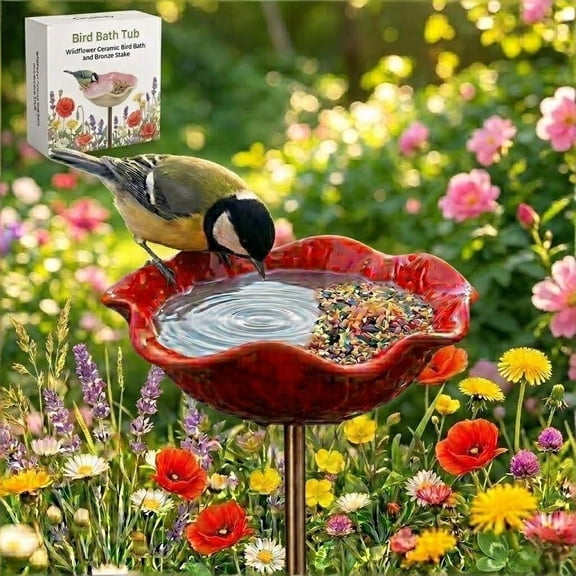Ceramics Flower Garden Stakes Bird Bath Handmade, Bee Watering Station, Bees Bath for Garden Bee Water Feeder Flower Design, Colorful Butterfly Bees Bath Bowl for Outdoor Yard Decor